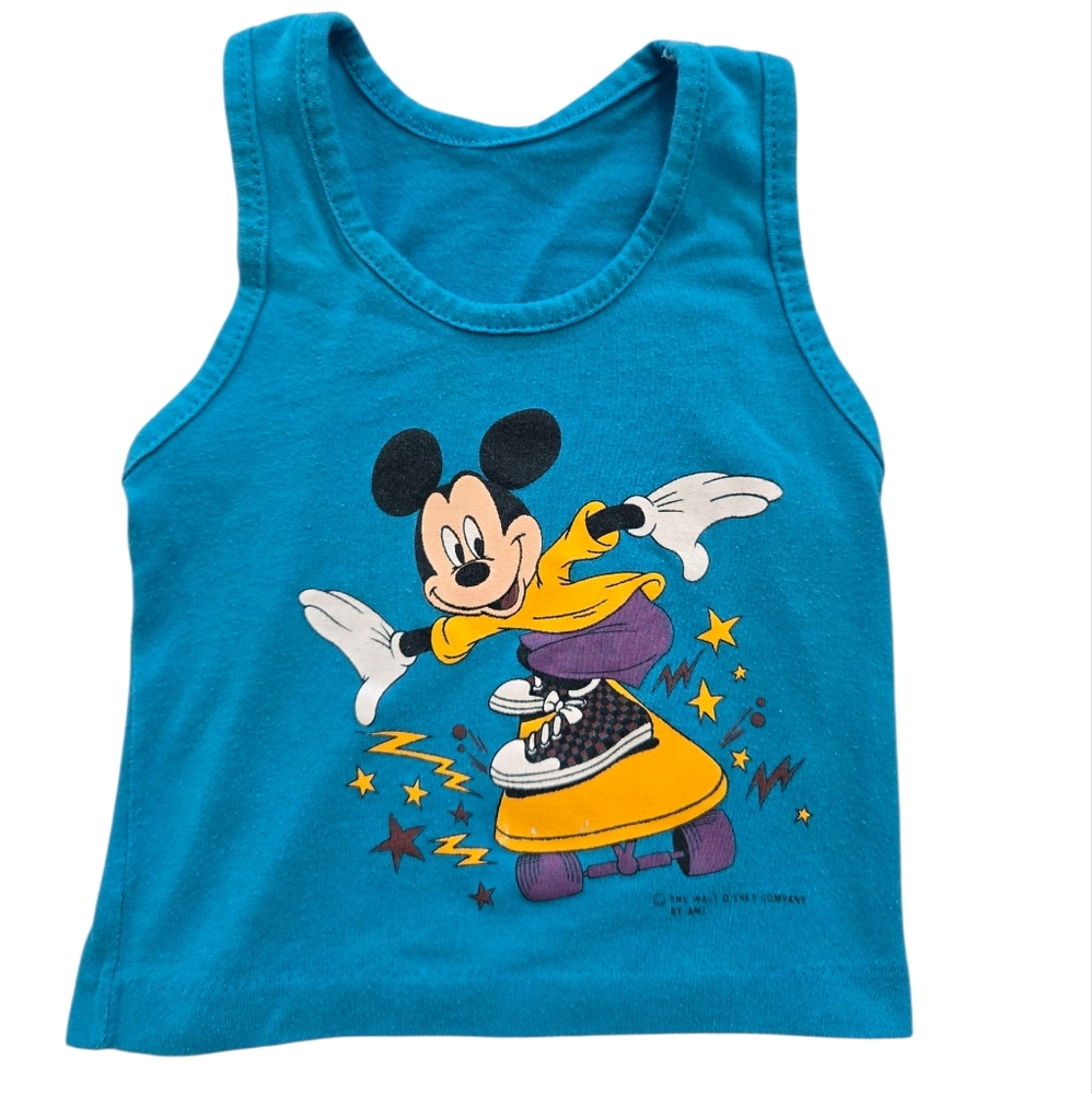 Vintage 1990s Disney Blue and Yellow Mickey Mouse Skateboarding Tank Top